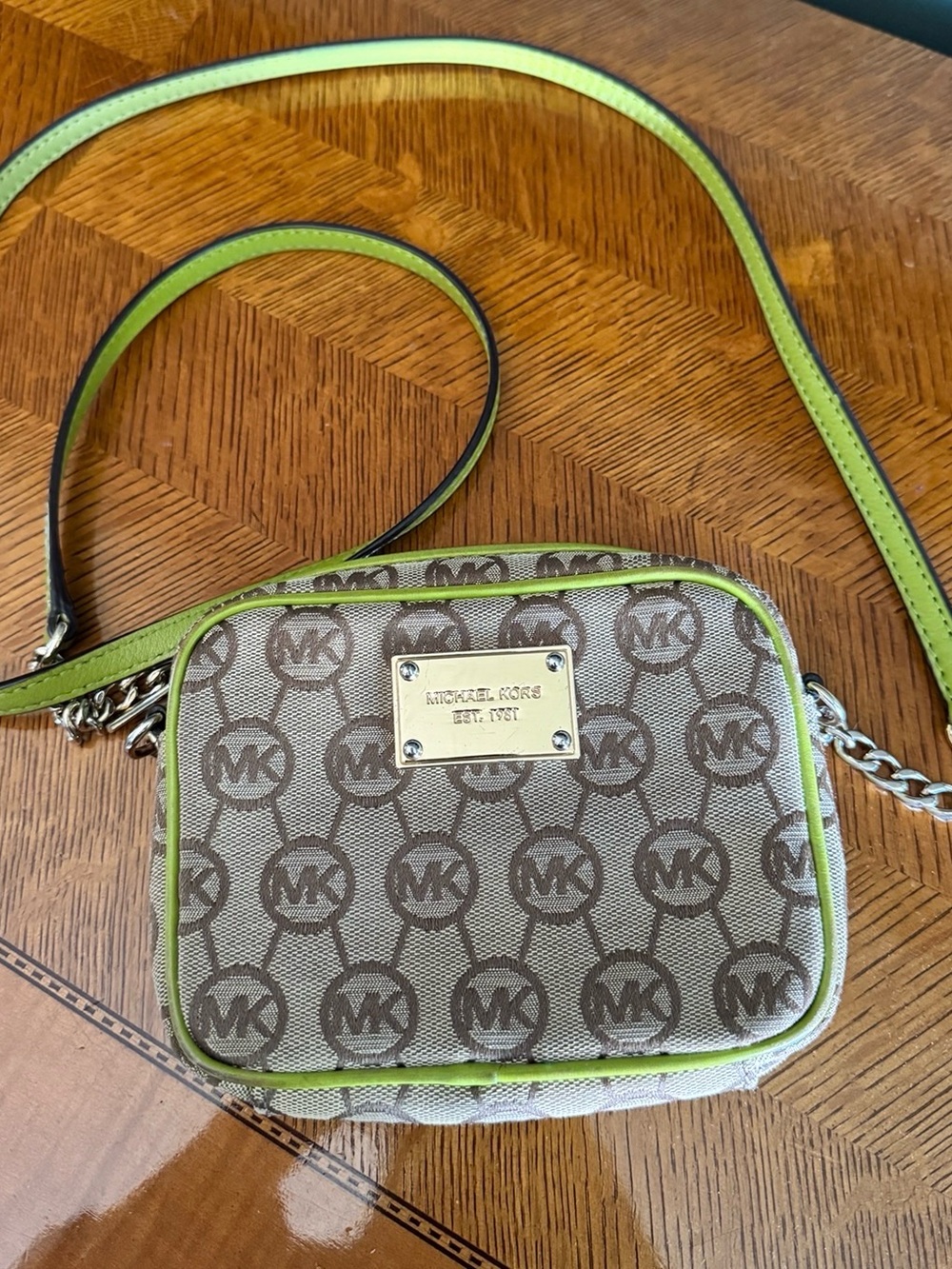 Michael Kors Brown MK Logo Crossbody with Green Trim